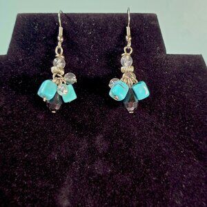 Boho Dangle Earrings Turquoise Color Acrylic Beads Black Clear Cluster Southwest